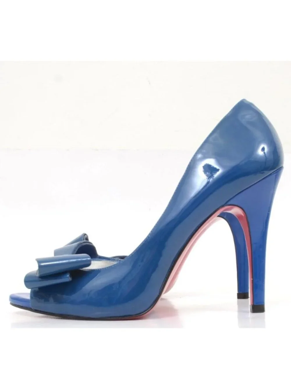 Paris Hilton Women’s 10M Blue Patent Leather Bow Open Toe Stiletto Heels PinUp